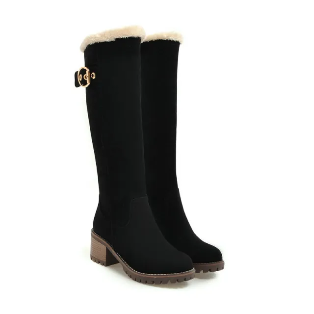 Buckle Embellished Mid heel Winter Warm Long Boots Black - Shop at LoveMi