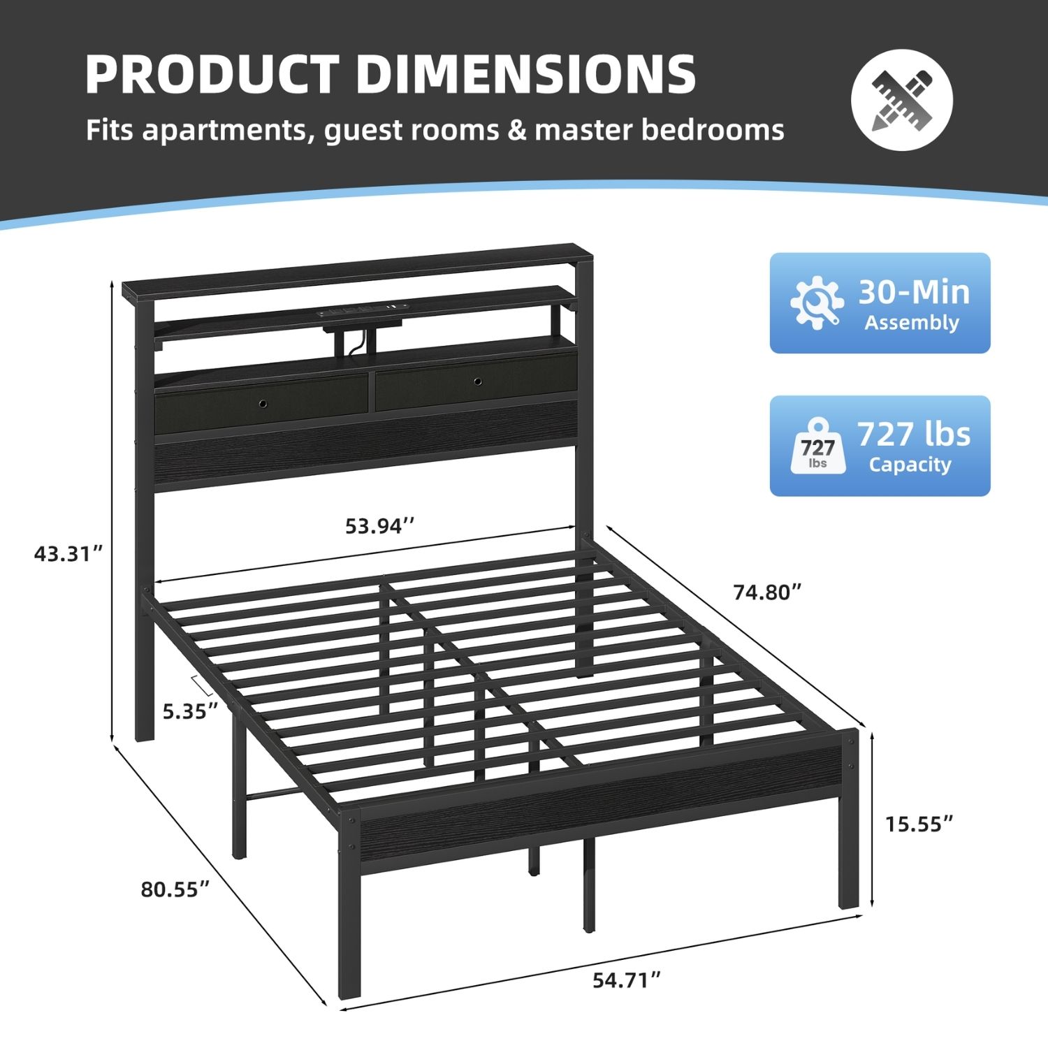 Full Bed Frame With Charging Station And LED Lights, Wood Headboard, 2 Fabric Drawers And Storage Shelves, Metal Slats, No Box Spring Needed — foto 7