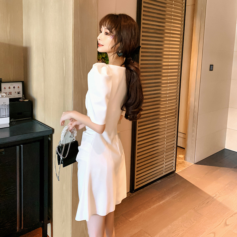 Ladies Puff Sleeve One-Line Neck Hip Dress