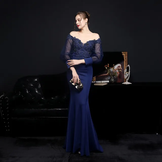 Full Craft Lace Hot Long sleeved Evening Dress Tail Skirt Navy Blue - Shop at LoveMi