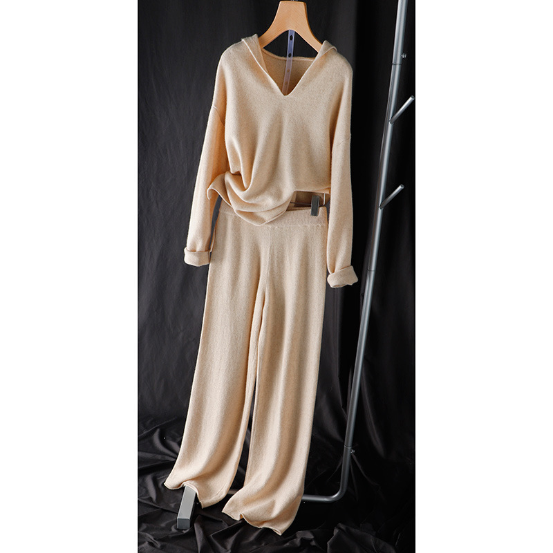 Fashion Suit With Hooded Sweater And Knitted Trousers