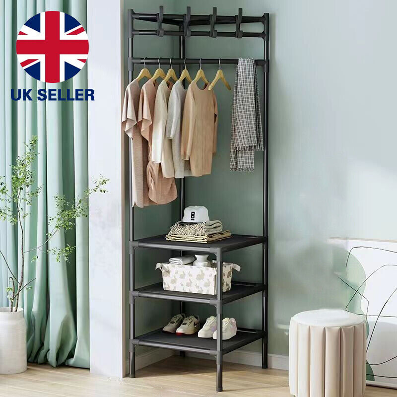 Corner Coat Stand Metal Clothes Hanging Rail Rack Shoe Rack Hanger With 3 Shelf