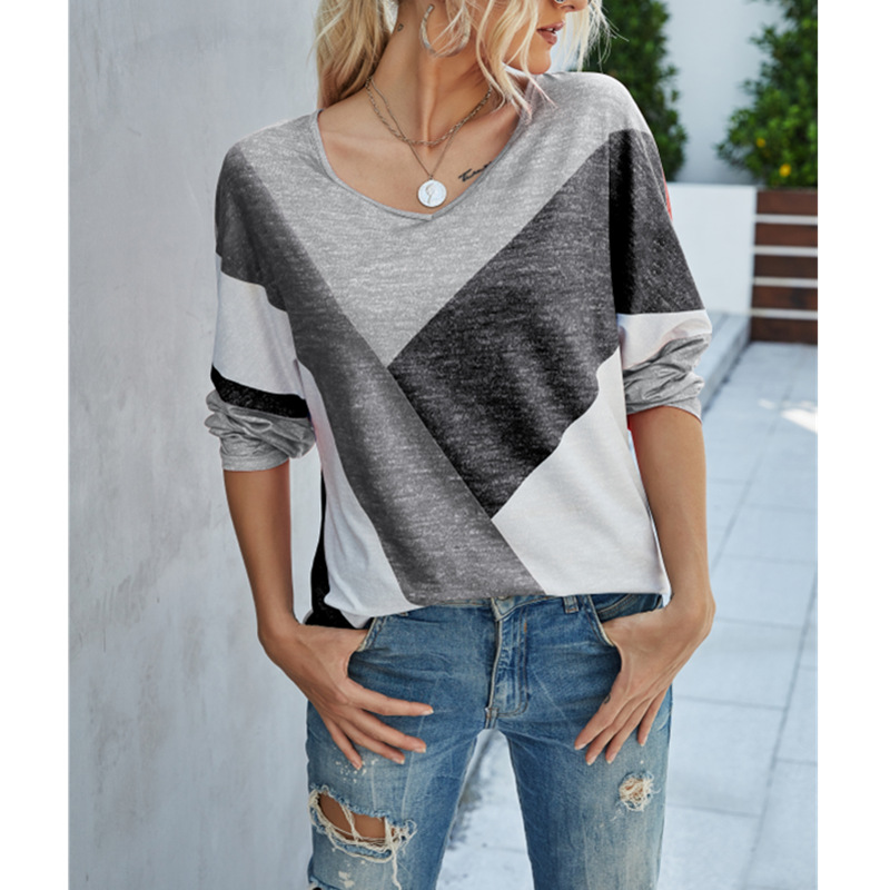 Fashion Printed Long-sleeved T-shirt V-neck Top