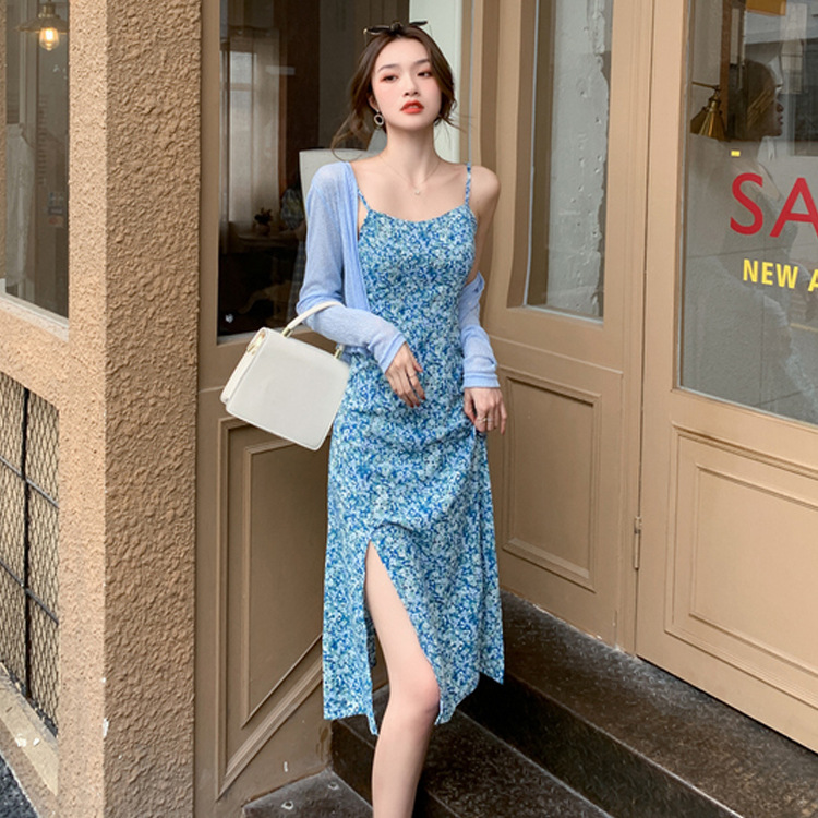 Floral Women's French Split Chiffon Dress Two Piece Set