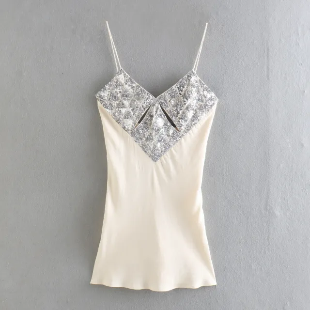 Spring European Silk Satin Texture Mini Dress Beige - Shop at LoveMi