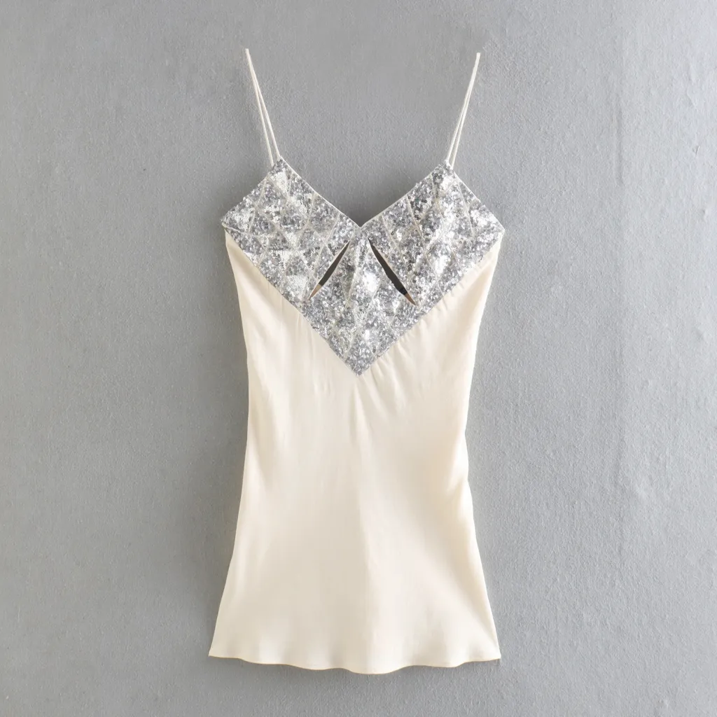 Spring European Silk Satin Texture Mini Dress - Beige