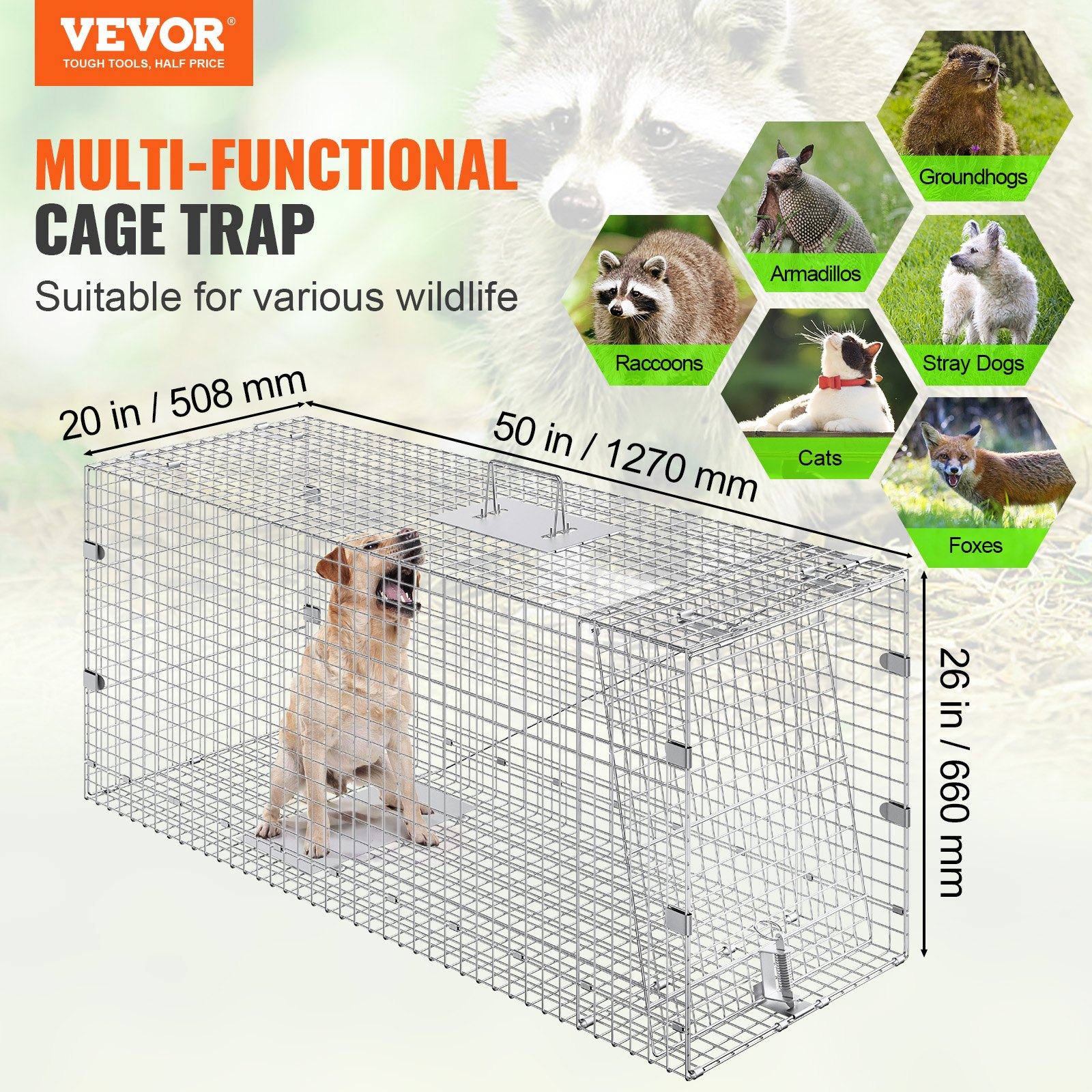 VEVOR Live Animal Cage Trap, Humane Cat Trap Galvanized Iron, Folding Animal Trap With Handle For Stray Dogs, Armadillos, Raccoons, Marmots, Foxes