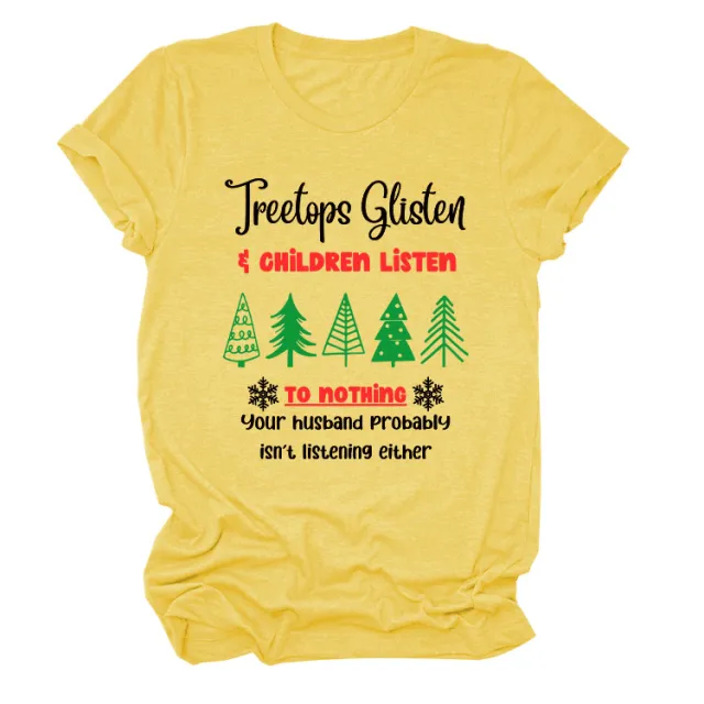 Christmas Print Casual Short Sleeve T Shirt Yellow Black Color - Shop at LoveMi