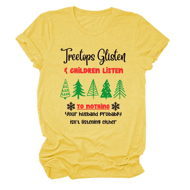 Christmas Print Casual Short Sleeve T-Shirt - Yellow Black Color