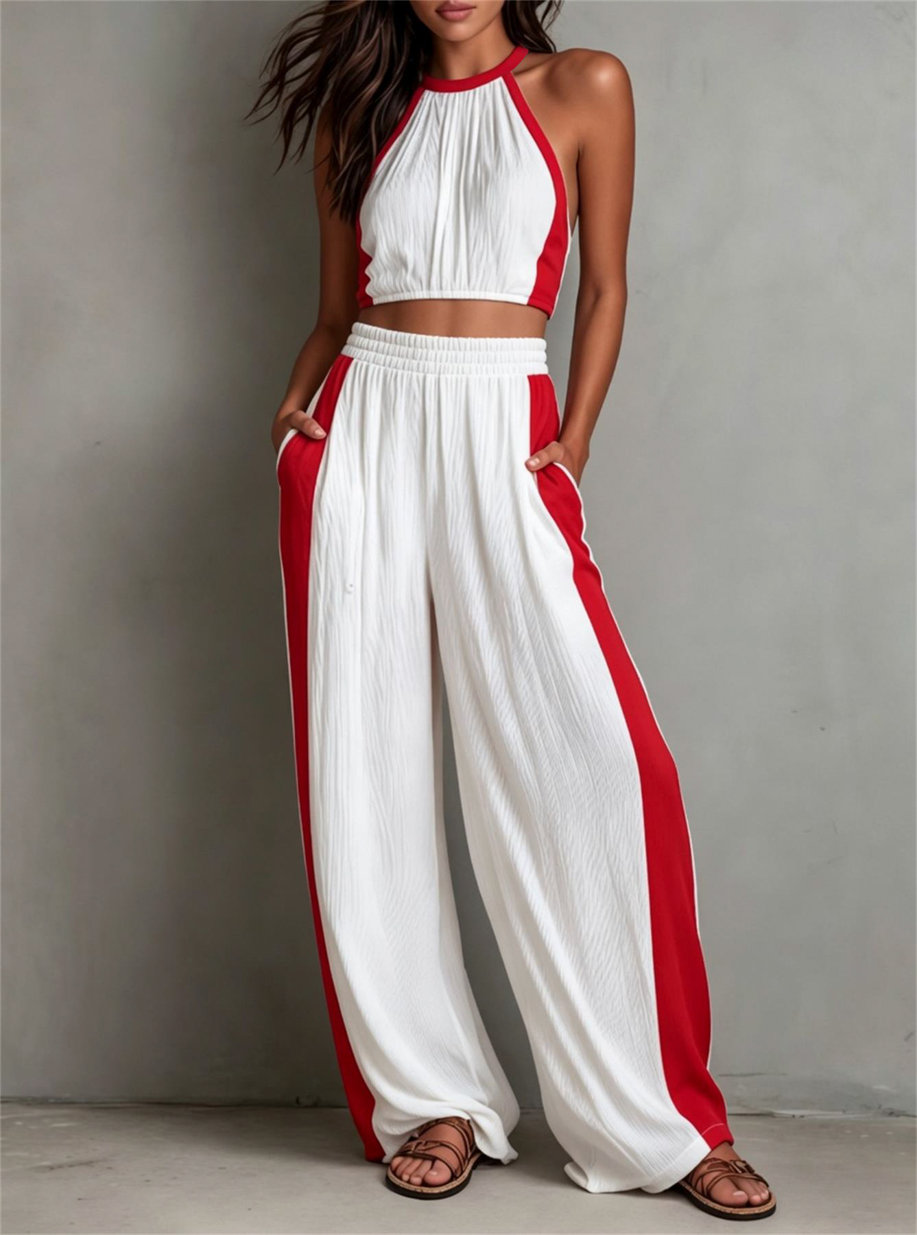 Contrast Color Casual Neckline Wide-Leg Set