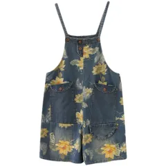 Women's Summer Fashion Denim Suspender Print Shorts - Blue - View 1