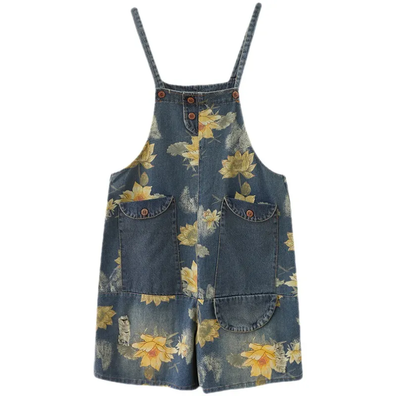Women's Summer Fashion Denim Suspender Print Shorts - Blue