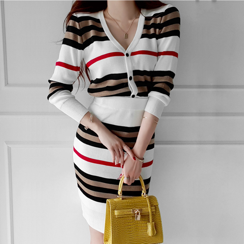 Slim Small Cardigan Top Knitted Striped Hip Skirt Suit
