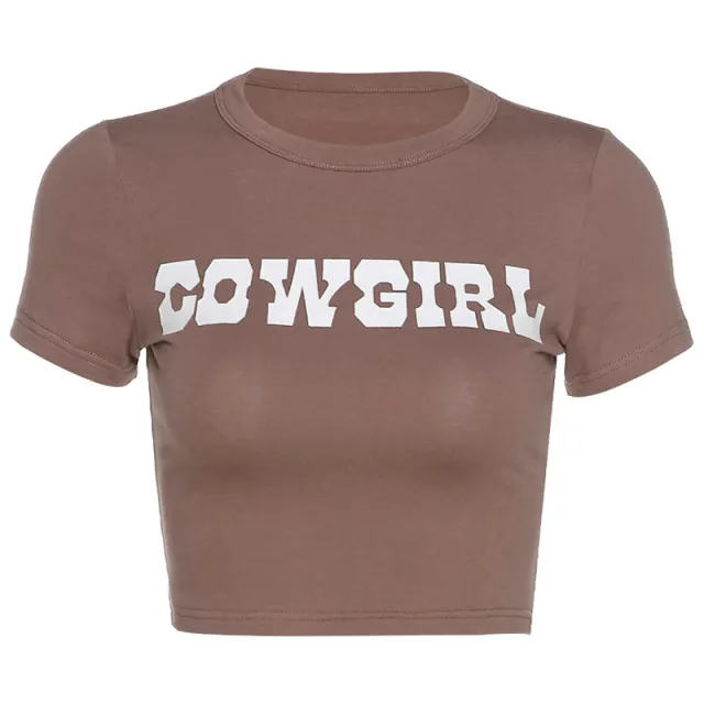 Round Neck Short Sleeve Letter Print Crop Navel Slim T Shirt Brown - Shop at LoveMi