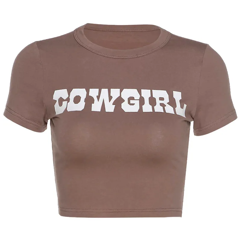 Round Neck Short Sleeve Letter Print Crop Navel Slim T Shirt - Brown