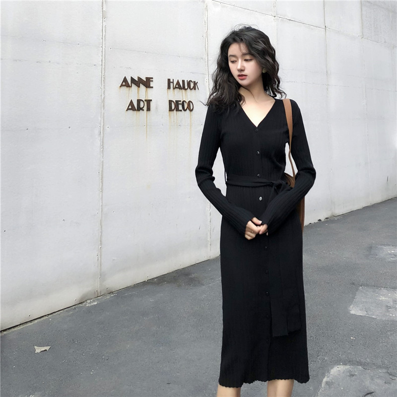 New Elegant Inner Match Base Sweater Dress Women's V-neck Long Below The Knee Knitted Dress