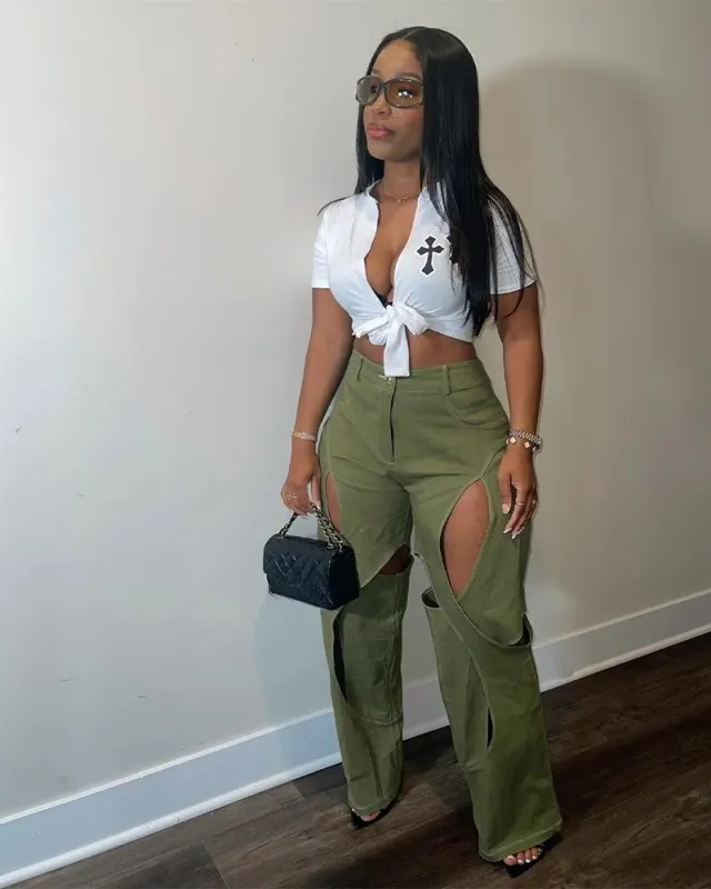 Contrasting Color Thread Stitching Hollow out Casual Pants Army Green - Shop at LoveMi