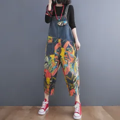 Lean Printed Jeans With Straps And Cropped Trousers For Women - Blue - View 1