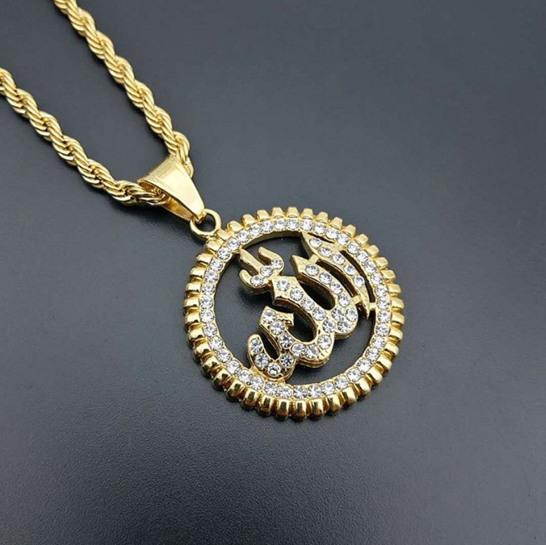 Cross Border Round Pendant Necklace Golden Rhinestone Necklace Sparkling Jewelry