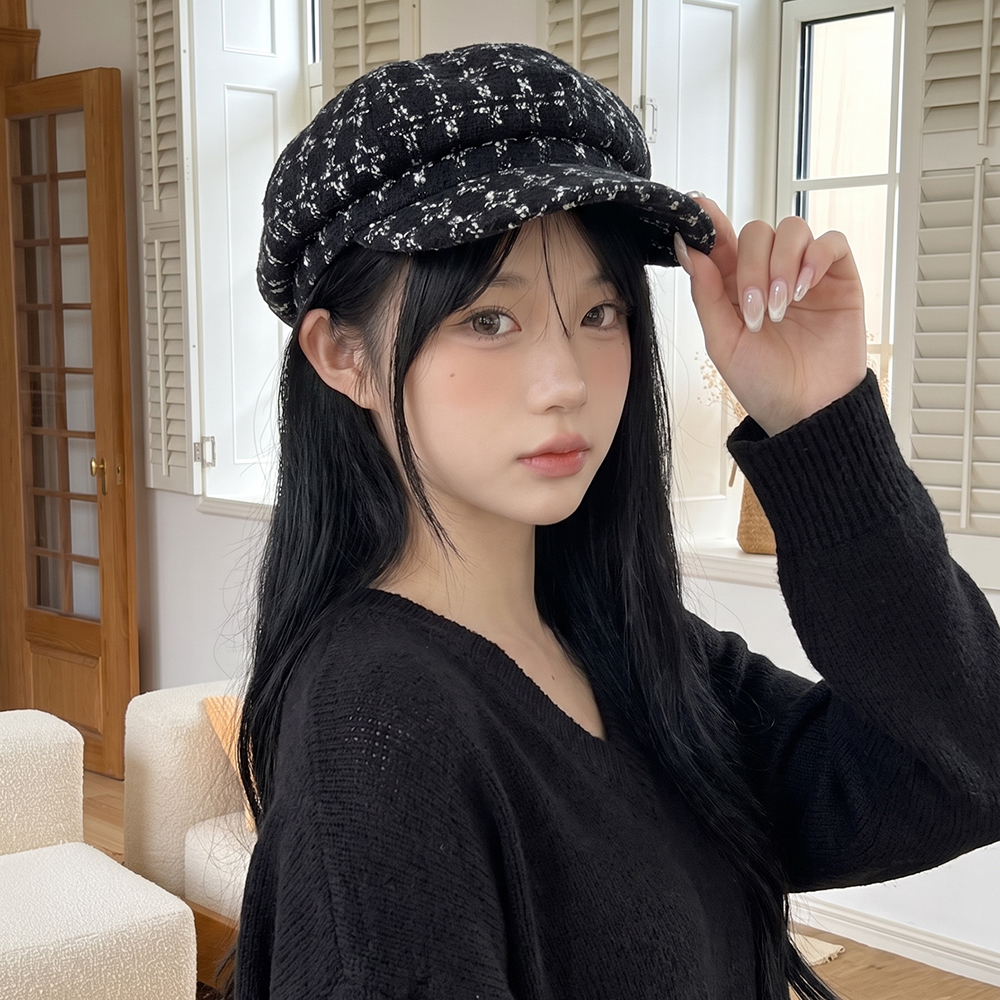 Patterned Wide-brimmed Tweed Octagonal Newsboy Cap With A British Retro Style, Suitable For Outdoor Leisure, Date Or Commuting.