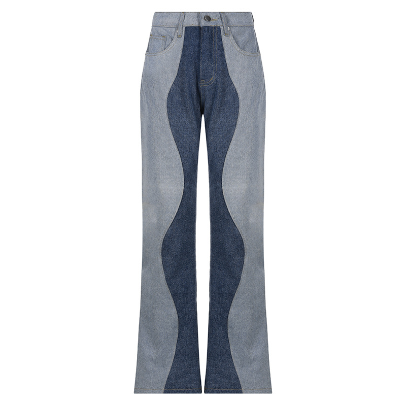 American Color Blocking Leg Length Straight Casual Jeans