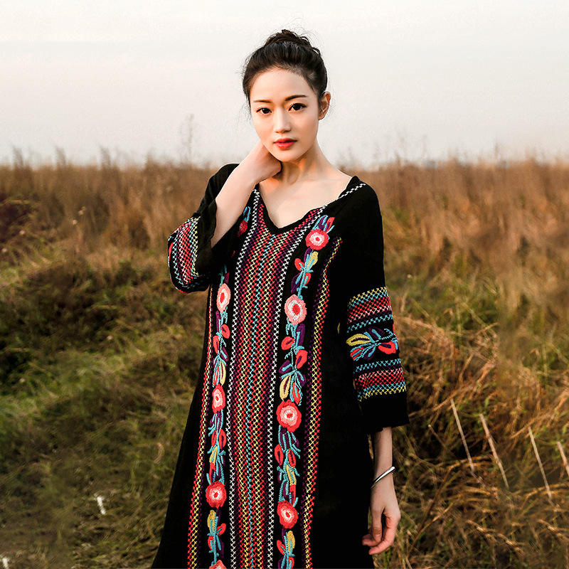 Embroidered Fringed V-Neck Dress