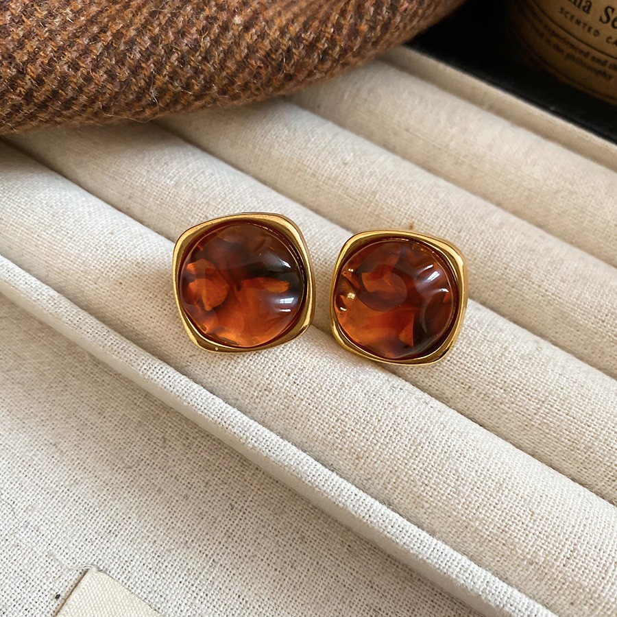 Amber Resin Gold Stud Earrings – Lightweight Statement Pieces - Image 3