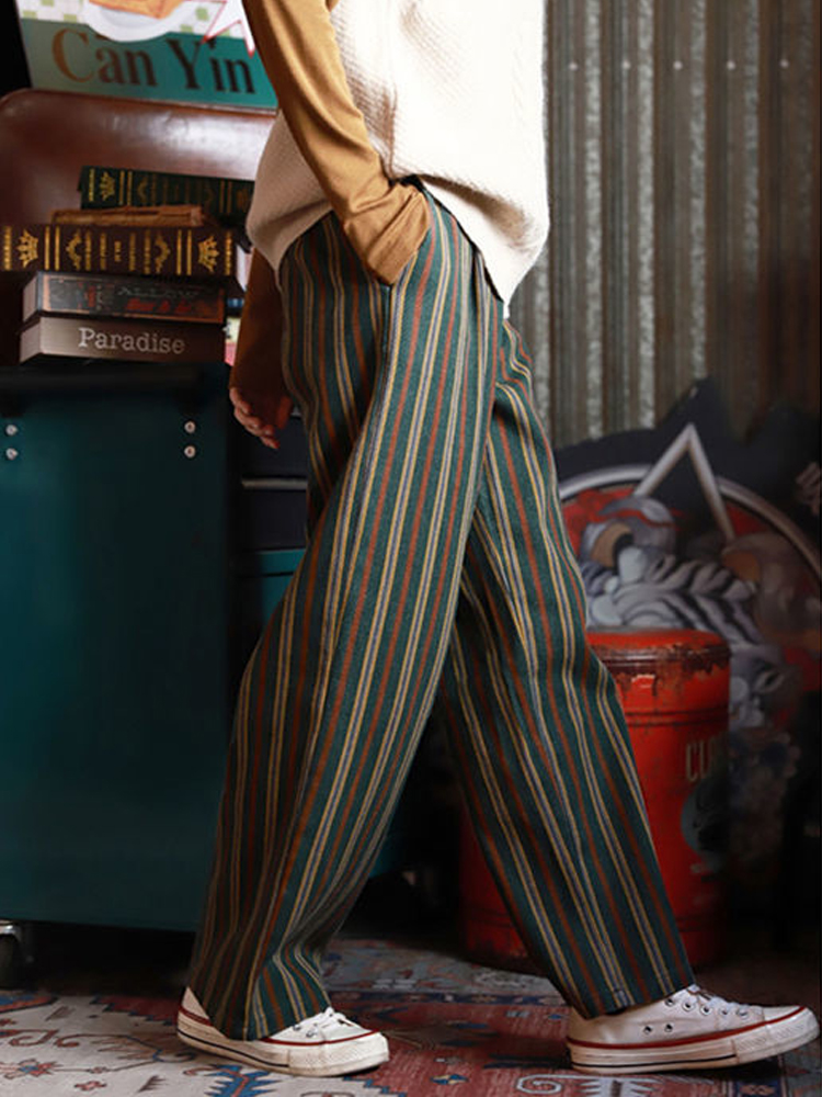 Green Vertical Striped Wide Leg Pants For Women With High Waist