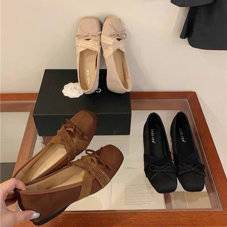 Women Vintage Ruffle Frill Trim Cross Band Tiny Ribbon Bow Ballet Flats Matching Casual Daily Picnic Doll product image