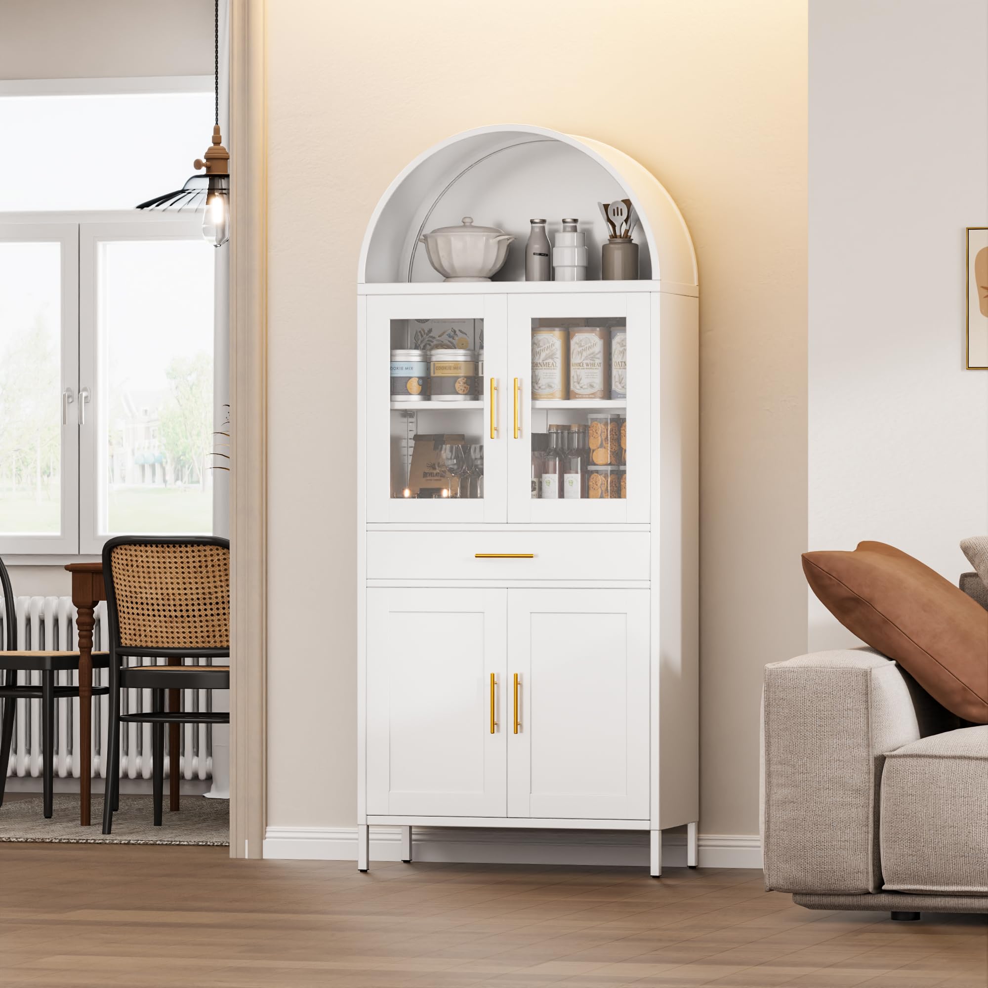 73inch Tall Metal Arched Display Cabinet, Arch Kitchen Pantry Storage Organizer With Doors Shelves Drawers, Modern Freestanding Bookcase For Home Office Bar Living Room White