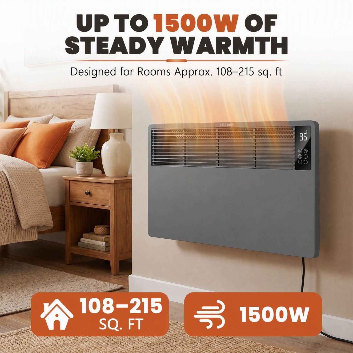 Panel Convection Heater, 1500W, Remote Control, Wall Mount And Freestanding, 25H Timer, Overheat And Tip-Over Protection image 3
