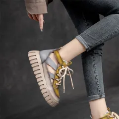 Retro Lace-up Casual Fashion Thick Sandals Women - Yellow - View 1
