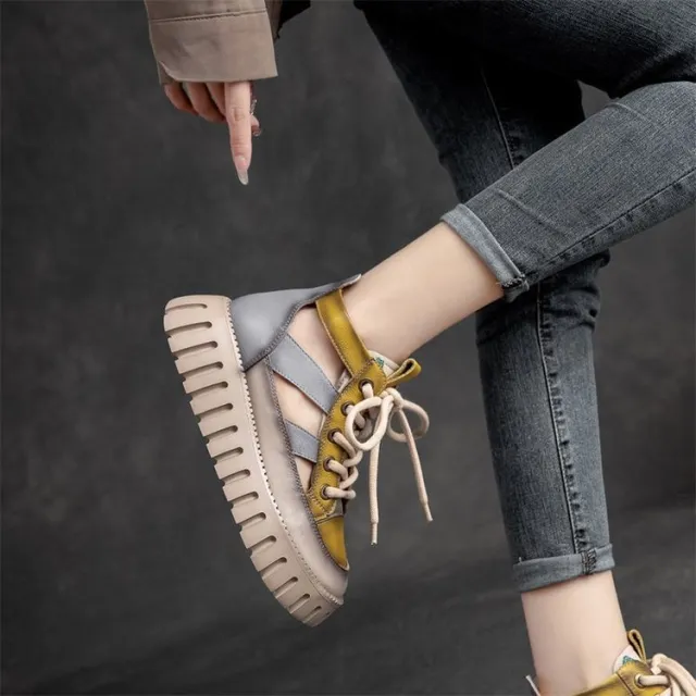 Retro Lace up Casual Fashion Thick Sandals Women Yellow - Shop at LoveMi