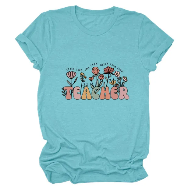 Casual TEACHER Floral Women's Loose Round Neck Short Sleeve Deep Water Blue - Shop at LoveMi