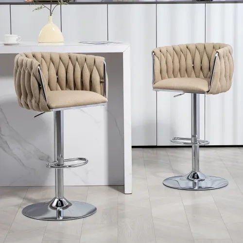 360 Fabric Cover Swivel Bar Stools Set Of 2, Adjustable Counter Height Bar Chairs With Woven Back & Footrest, Silver Chromed Bar Stools For Kitchen Island, Cafe, Pub
