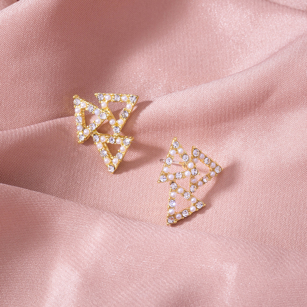 Geometric Golden Pearl And Diamond Triangle Tree Stud Earrings