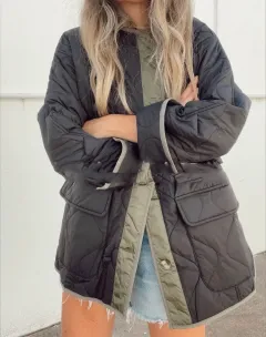 Loose Hourglass Quilted Cotton Colour Matching Double Patch Pocket Jacket For Women - Black - View 1