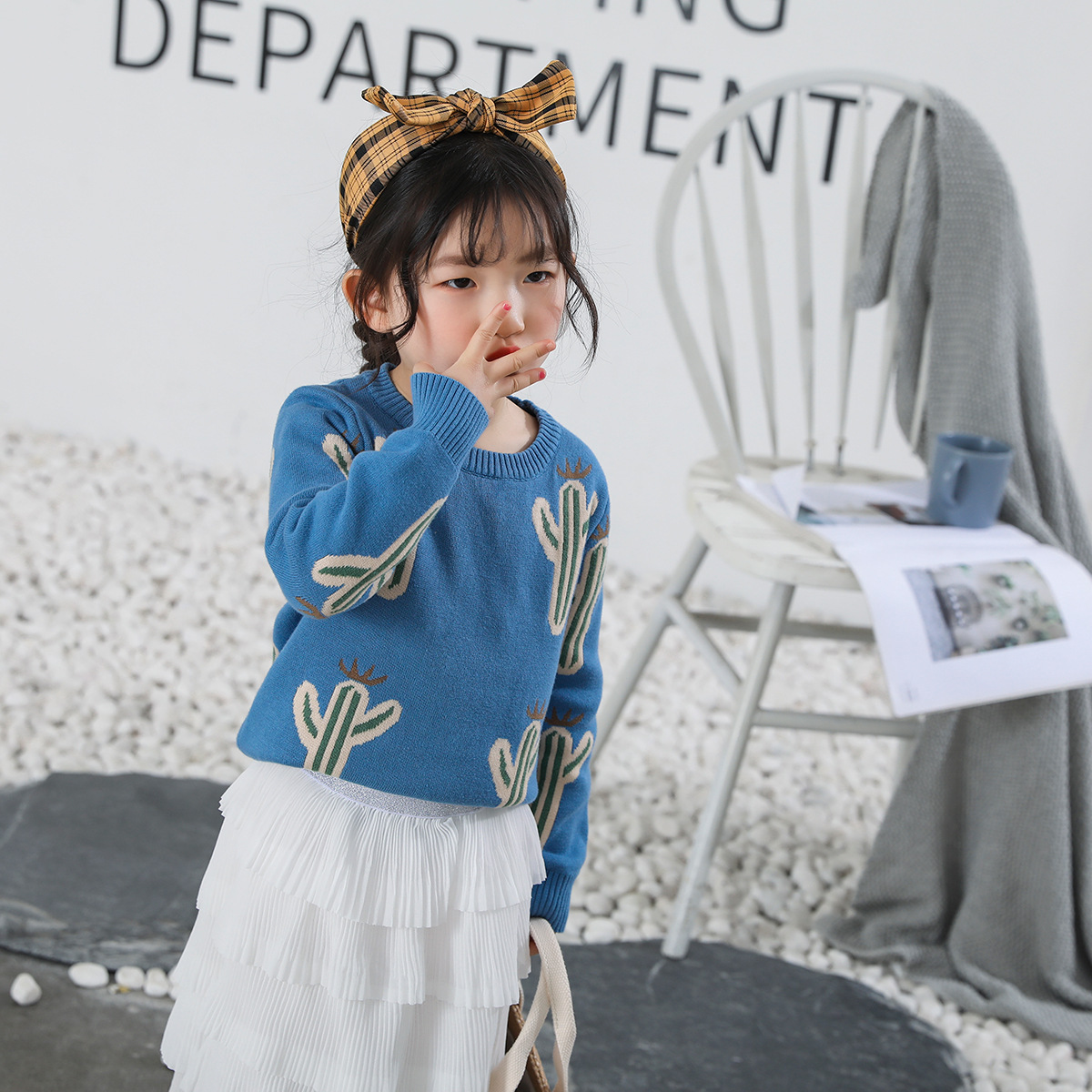 Cactus Jacquard Pattern Pullover Cotton Knit