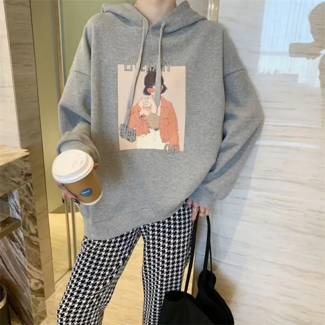 Large Size Loose Casual Jacket Coat Thick Embroidery Cartoon Hooded Light Grey - Shop at LoveMi