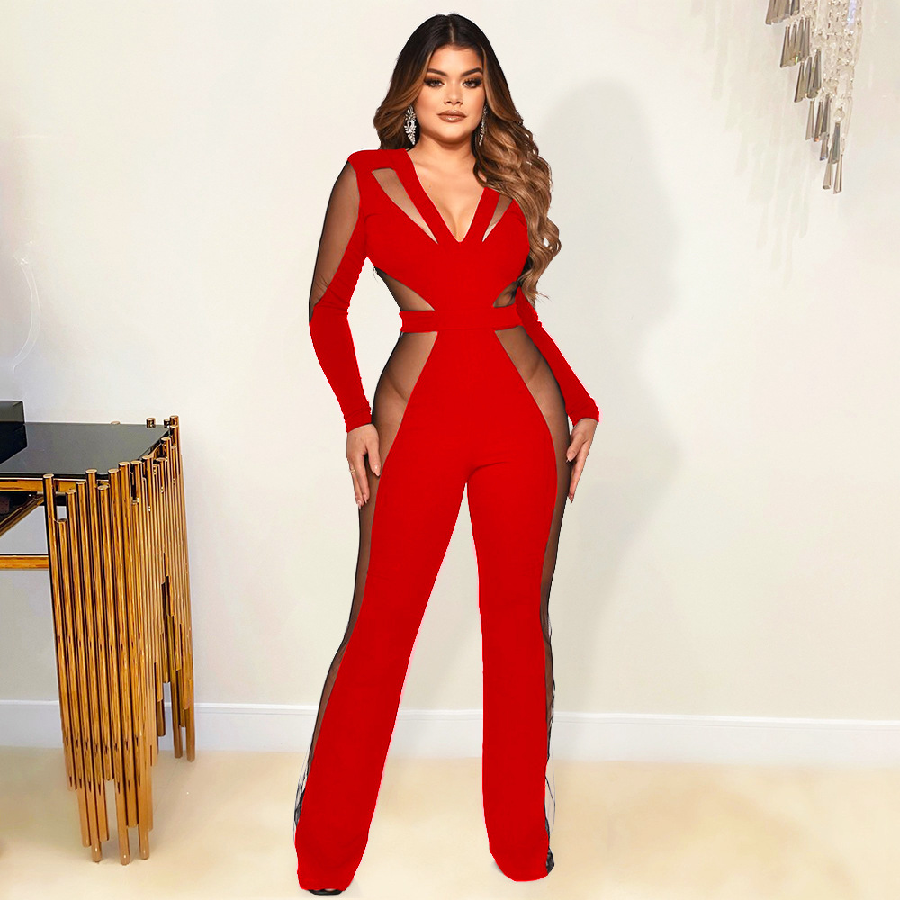 Women's Fashion Mesh Panel Jumpsuit Flared Pants Red - Shop at LoveMi