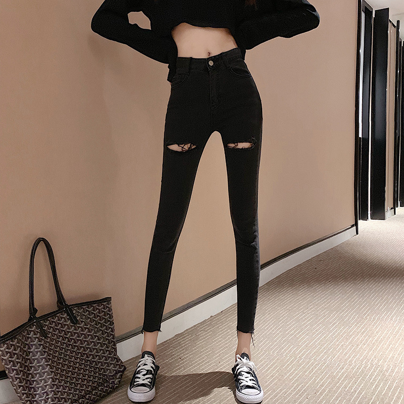 New Retro Personality Ripped High waisted Denim Feet Pants Women Black - Shop at LoveMi