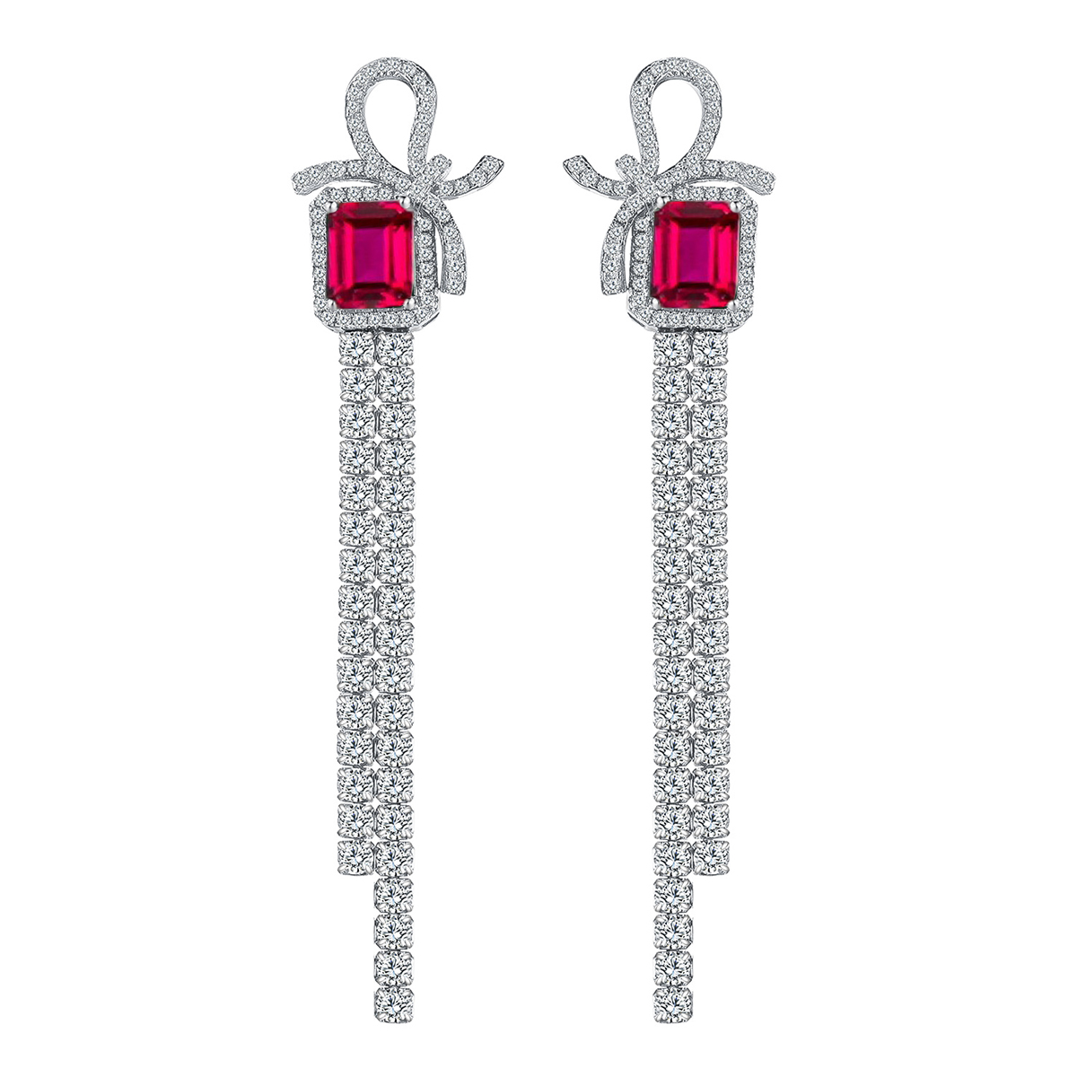 S925 Sterling Silver Bow Tassel Dangle Earrings, 8x6mm Lab-Grown Ruby & Emerald, Platinum Plated 8.1g Women's Luxury Jewelry Gift Box