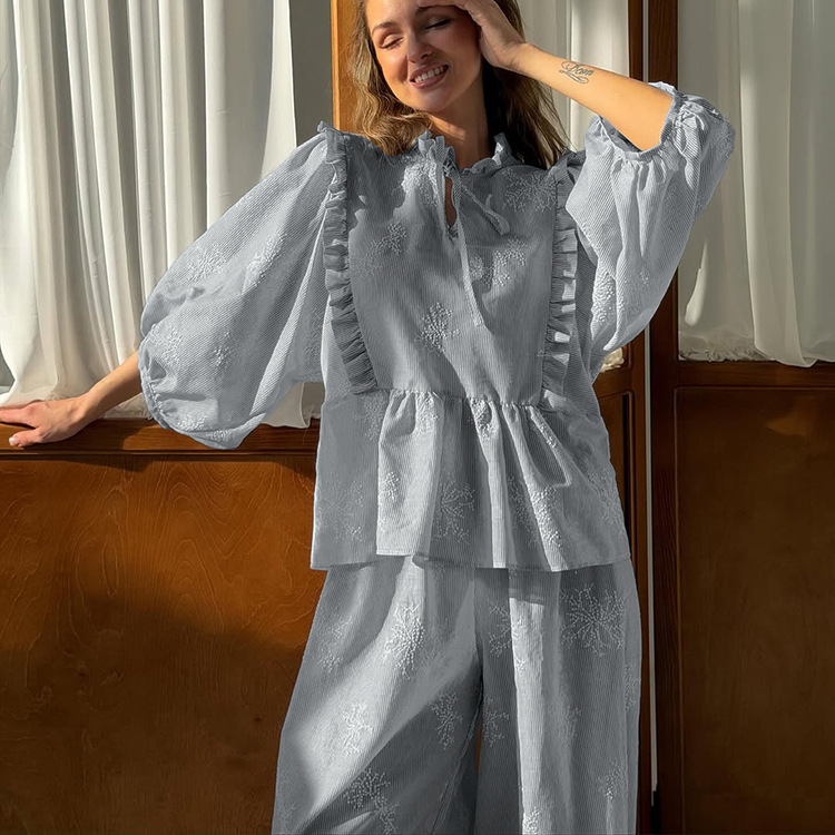 Embroidery Ruffle Tie Neck Puff Sleeve Crop Top & Wide Leg Pants 2-Piece Loungewear Set 5