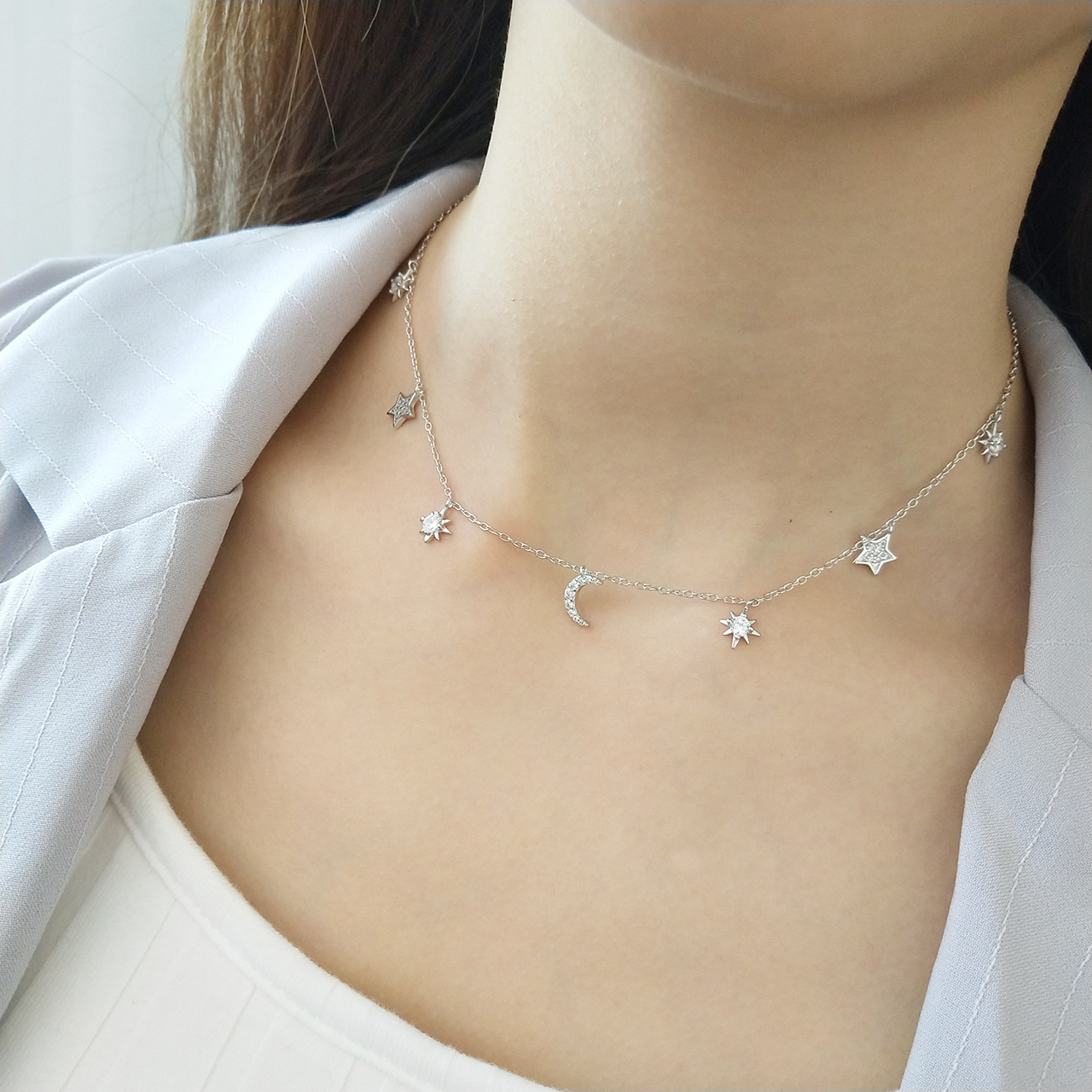 925 Sterling Silver Necklace Bright Star And Moon Myth Necklace Jewelry