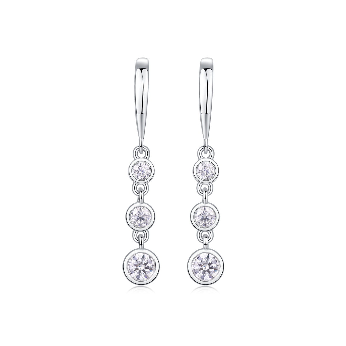 S925 Sterling Silver Three-Stone Drop Earrings, D-VVS1 Moissanite Bezel-Set Dangle, Platinum Plated 1.8g Women's Jewelry Gift Box