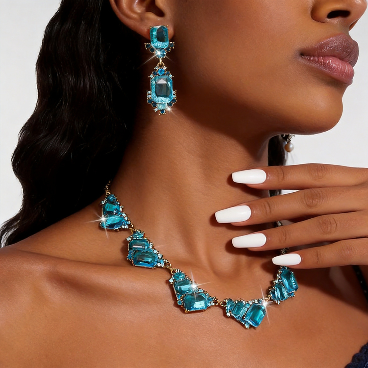 New European & American Style Colored CZ Necklace And Earring Jewelry Set, Light Luxury Niche Design Elegant Accessories, Formal Dress Jewelry For Wom