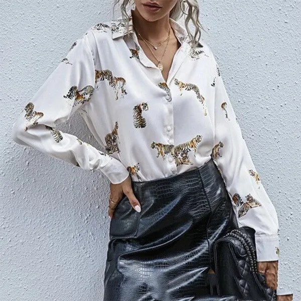 Printed Long Temperament Commute Purple White Green Long sleeved Lapel Single Breasted Pullover Shirt White - Shop at LoveMi