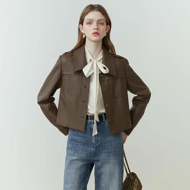 Female Retro Short Pu Leather Coat Coffee Color - Shop at LoveMi