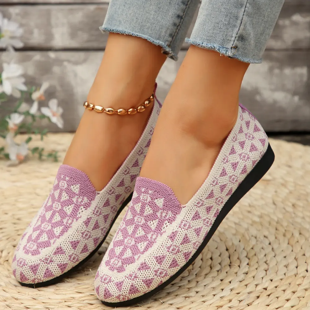 Printed Round Toe Flat Shoes Fashion Casual Hollow Breathable