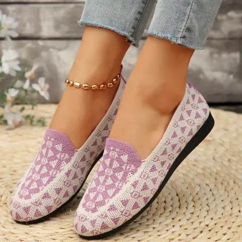 Printed Round Toe Flat Shoes Fashion Casual Hollow Breathable